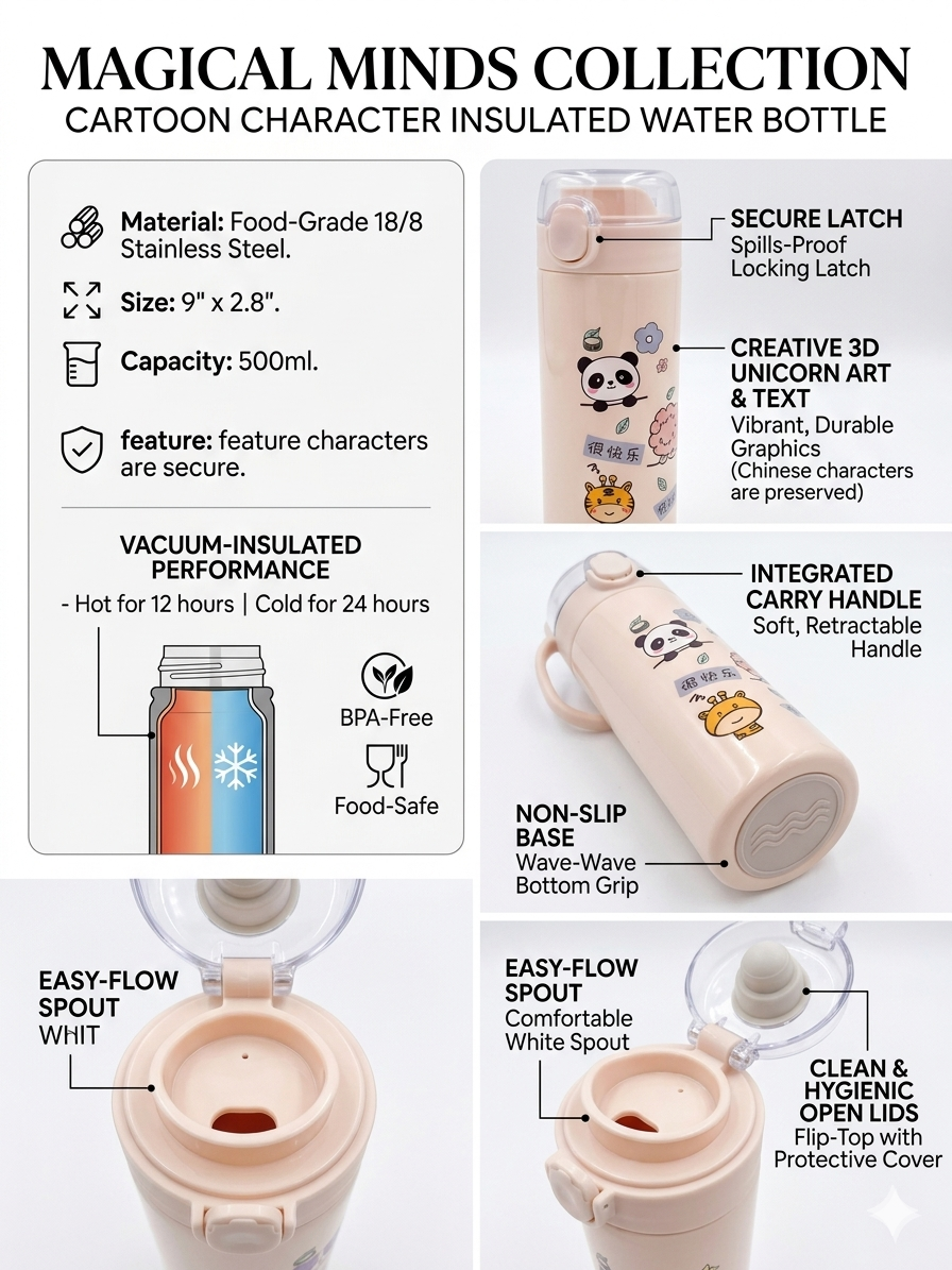 Magical Minds Insulated Water Bottle for Kids – 500ml Stainless Steel Flask with 3D Cartoon Art – Leak-Proof Flip-Top Lid & Easy-Flow Spout – Keeps Hot 12h