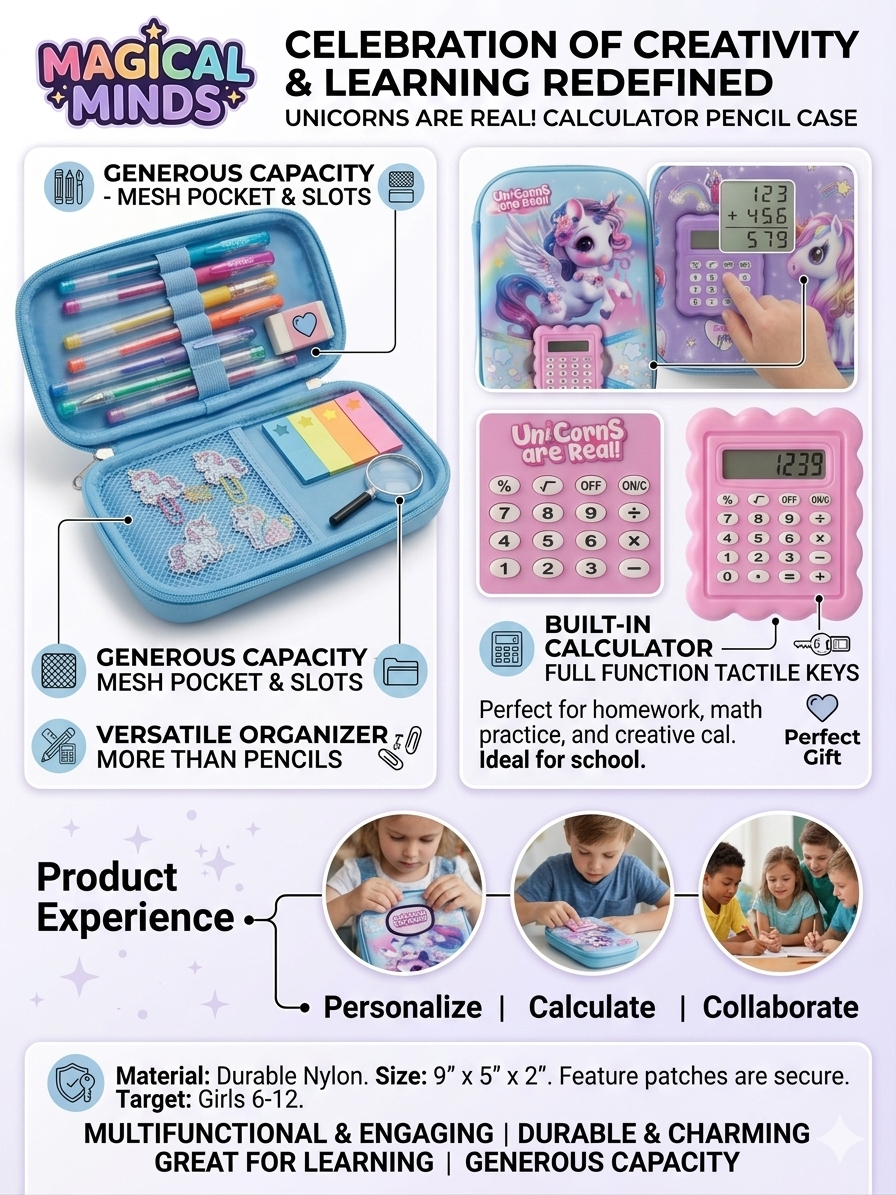 Magical Minds 3D Unicorn Pencil Case with Built-in Calculator for Girls – Large Capacity Hard Shell Organizer with Mesh Pockets & Pen Slots – Durable Aesthetic School Supply Pouch for Ages 6-12