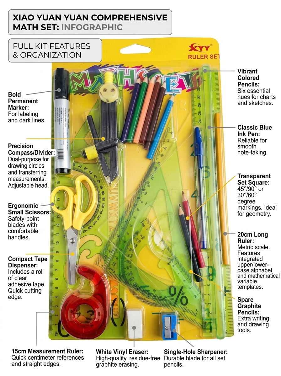 Xiao Yuan Yuan Comprehensive 15-Piece Math & Geometry Set – Complete Student Stationery Kit with Compass, Set Squares, Rulers, Scissors, Tape Dispenser, and Colored Pencils