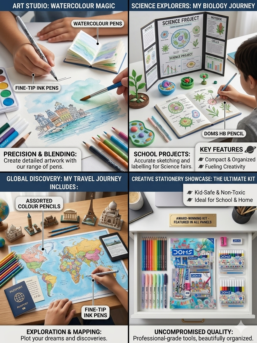 DOMS Art Amaze Kit – Complete Stationery Gift Set for Kids with 12 Colour Pencils, 12 Water Colour Pens, HB Pencil, Eraser & Sharpener – Professional-Grade Art Supplies for School Projects & Gifting