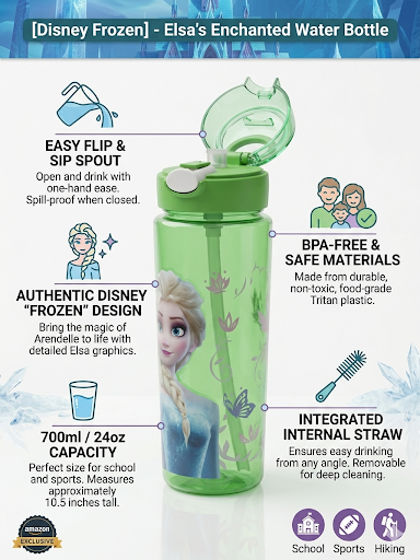 Harmal Store Disney Frozen Elsa Enchanted Water Bottle for Kids - 24oz / 700ml BPA-Free Tritan Leak-Proof School Flask with Removable Internal Straw, One-Hand Easy Flip & Sip Spout, Green