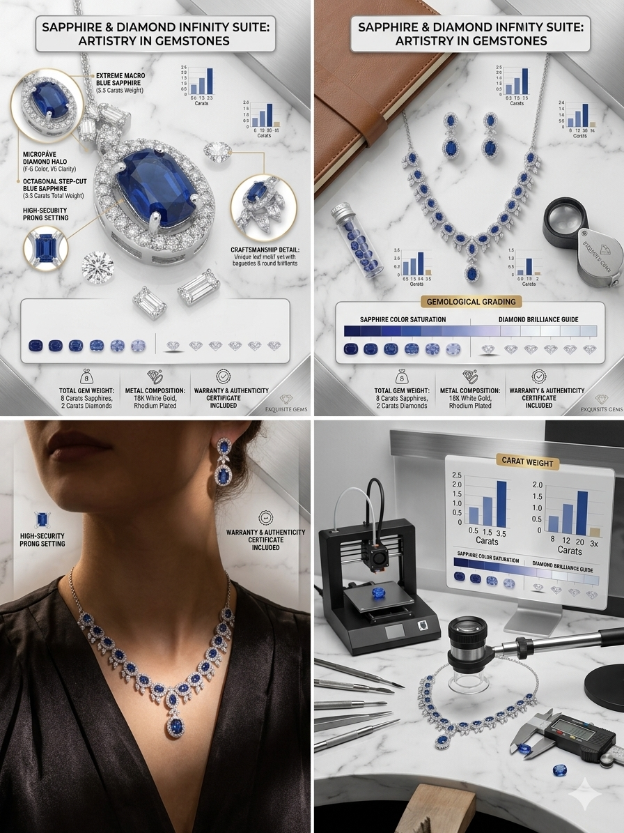 Harmal Store Premium Sapphire & Diamond Infinity Suite – 8 Carat Octagonal Step-Cut Blue Sapphire & 2 Carat Micropave Diamond Halo Jewelry Set