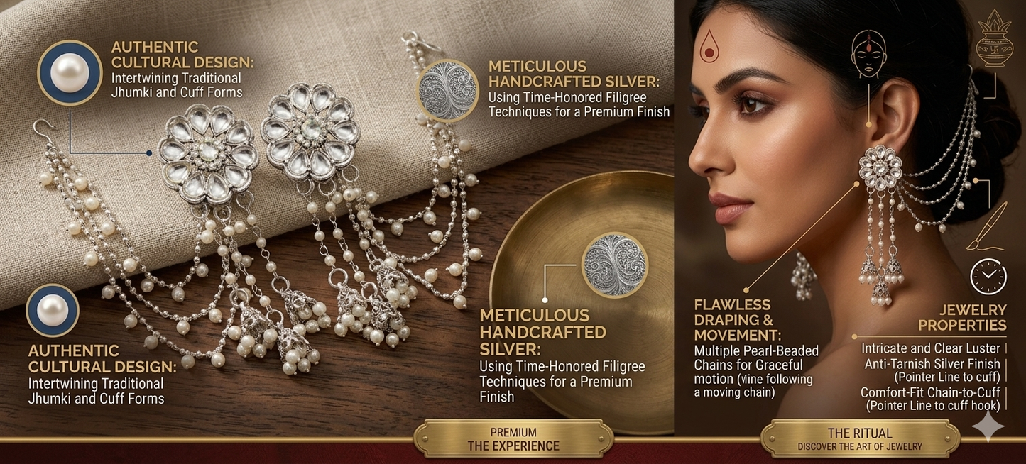 (Sleek & Brand-Focused): Handcrafted Silver Alloy Kundan Ear Cuffs with Cascading Pearl-Beaded Chains and Filigree Jhumki Drops