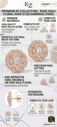 KZ Collection Rose Gold Floral Stud Earrings | Intricate Pave Setting Cubic Zirconia Flower Post Earrings | Hypoallergenic All-Day Wear Earrings with Integrated Backing