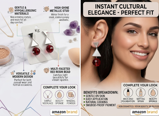 Modern Geometric Triangle Drop Earrings | Mirror-Finish High-Shine Metallic Studs with Light-Catching Red Resin Beads | Gentle & Hypoallergenic Everyday Statement Earrings