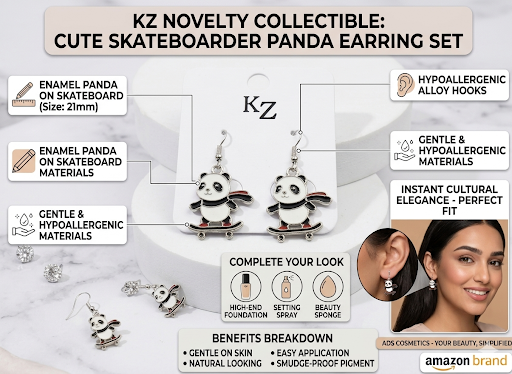 Z Novelty Collectible Panda on Skateboard Earrings | Premium Hand-Painted Enamel Dangle Earrings | Gentle & Hypoallergenic Animal Hook Jewelry Pair