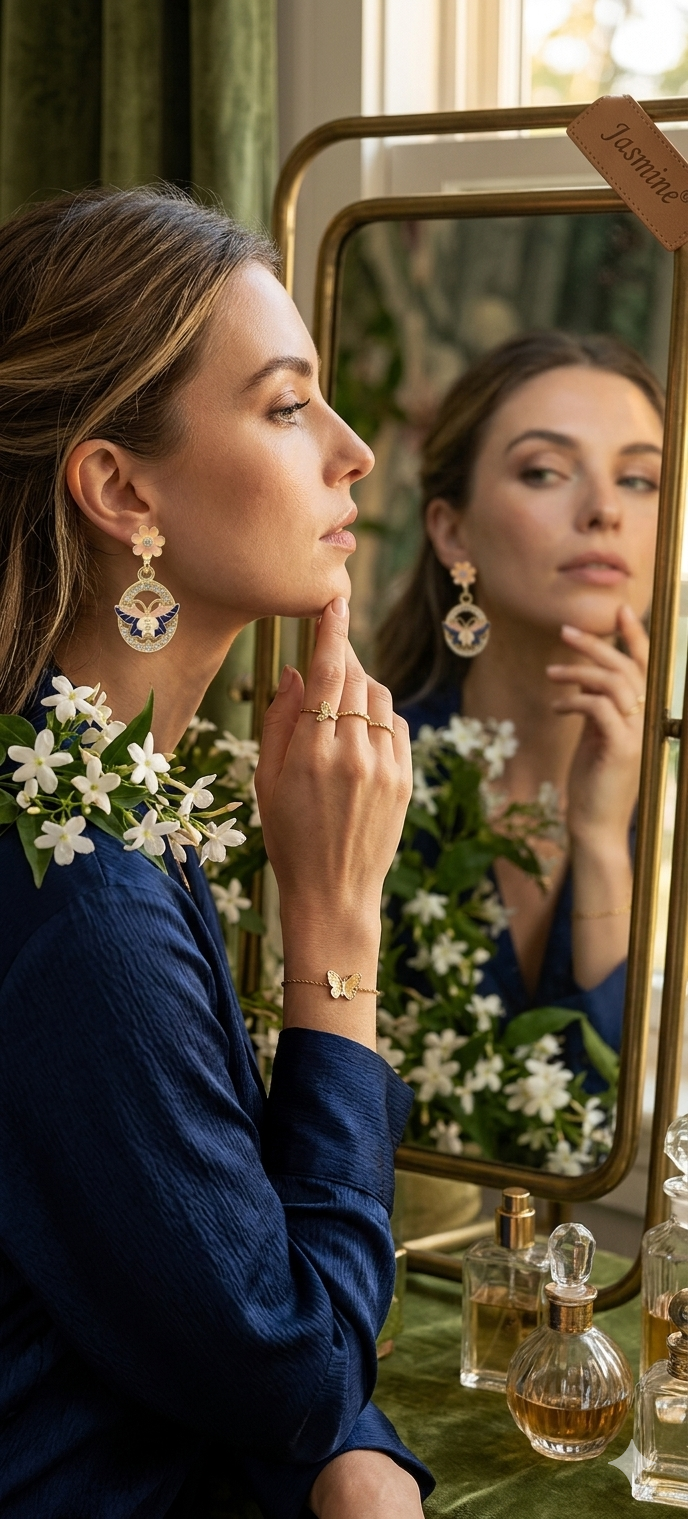 Jasmine Butterfly Dangle Earrings for Women – Enameled Flower Post & Crystal Halo Oval Pendant, Hypoallergenic Lightweight Drop Earrings, Whimsical Fashion Jewelry Gift