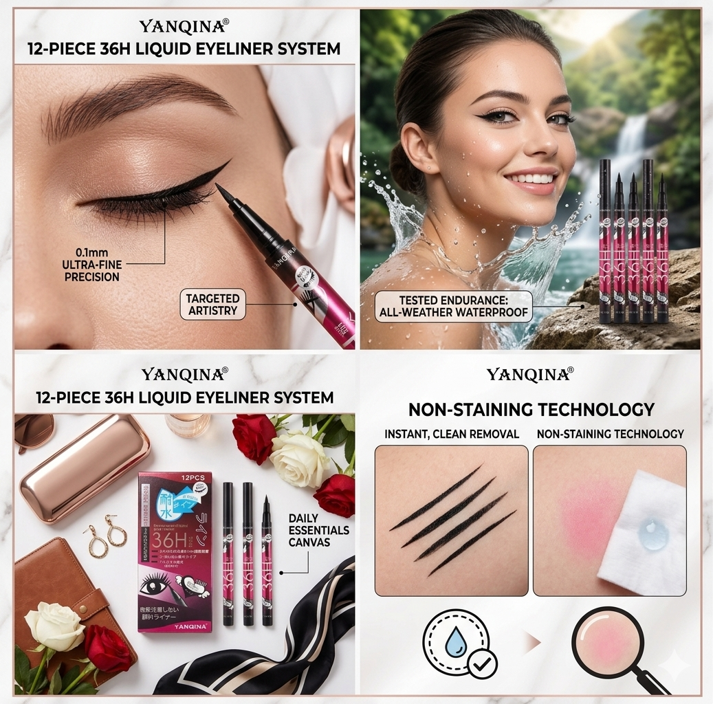 YANQINA 1-Piece 36H Liquid Eyeliner Pen Set ā Deepest Black Ultra-Intense Pigment, 0.1mm Micro-Precision Felt Tip