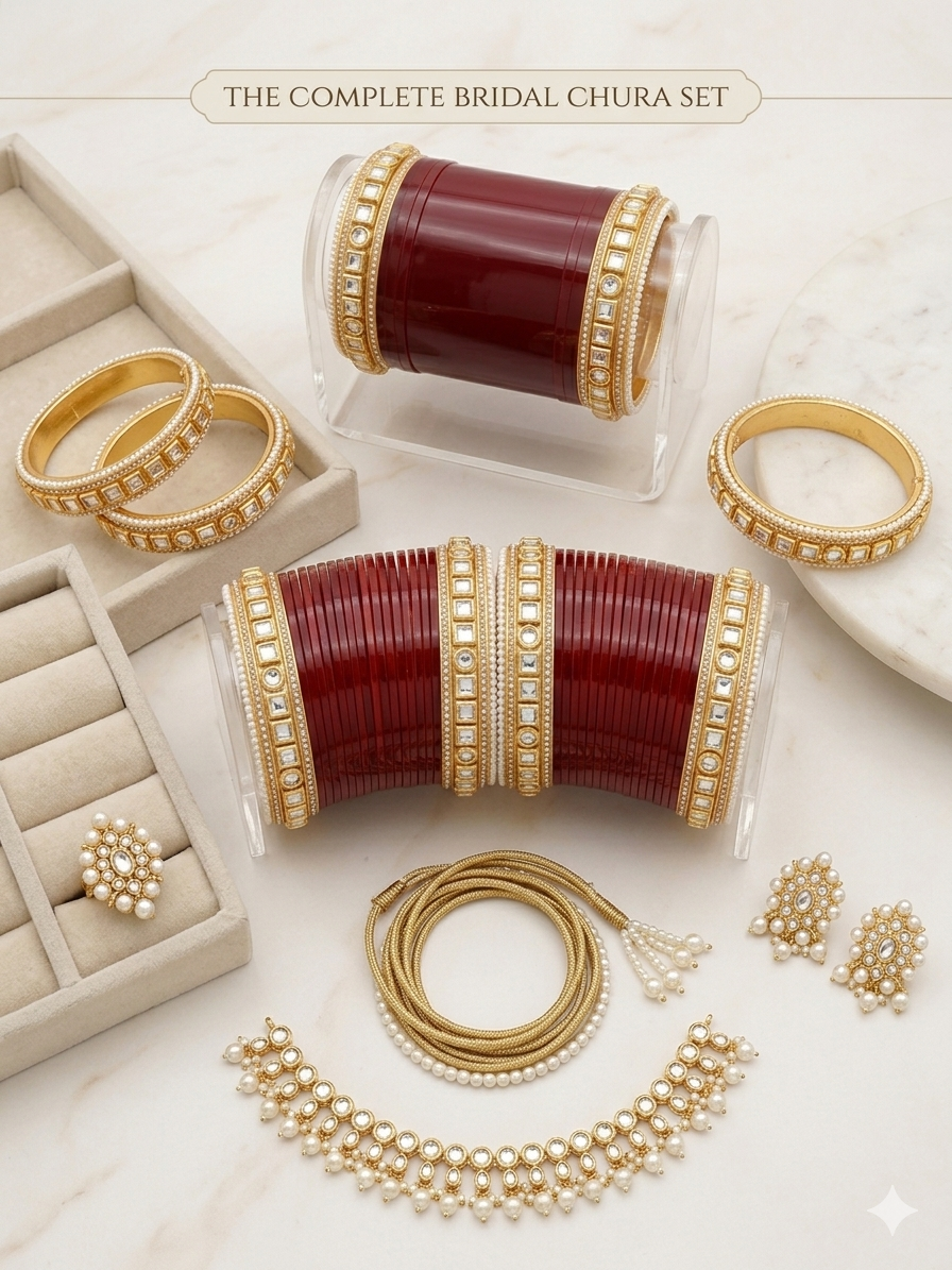 Traditional Red Bridal Bangle Set for Women, Gold Plated Stone Studded Chooda Bangles, Ethnic Wedding Jewelry Kada Set for Bridal & Festive Wear