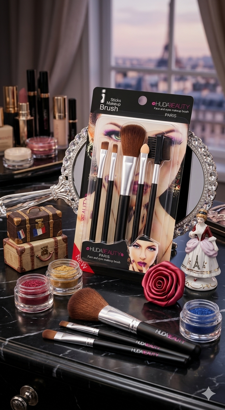 HUDABEAUTY Paris Makeup Brush Set for Face & Eyes, Professional 5-Piece Cosmetic Brush Kit with Foundation, Eyeshadow, Eyeliner & Brow Brushes, Travel-Friendly Makeup Tools