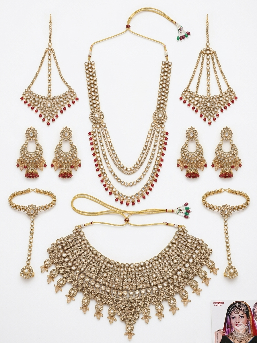 Aura Precision Bridal Jewelry Set for Women, 18K Gold Plated Kundan Necklace Set with Choker, Jhumka Earrings, Matha Patti, Haath Phool & Bangles for Wedding & Party Wear