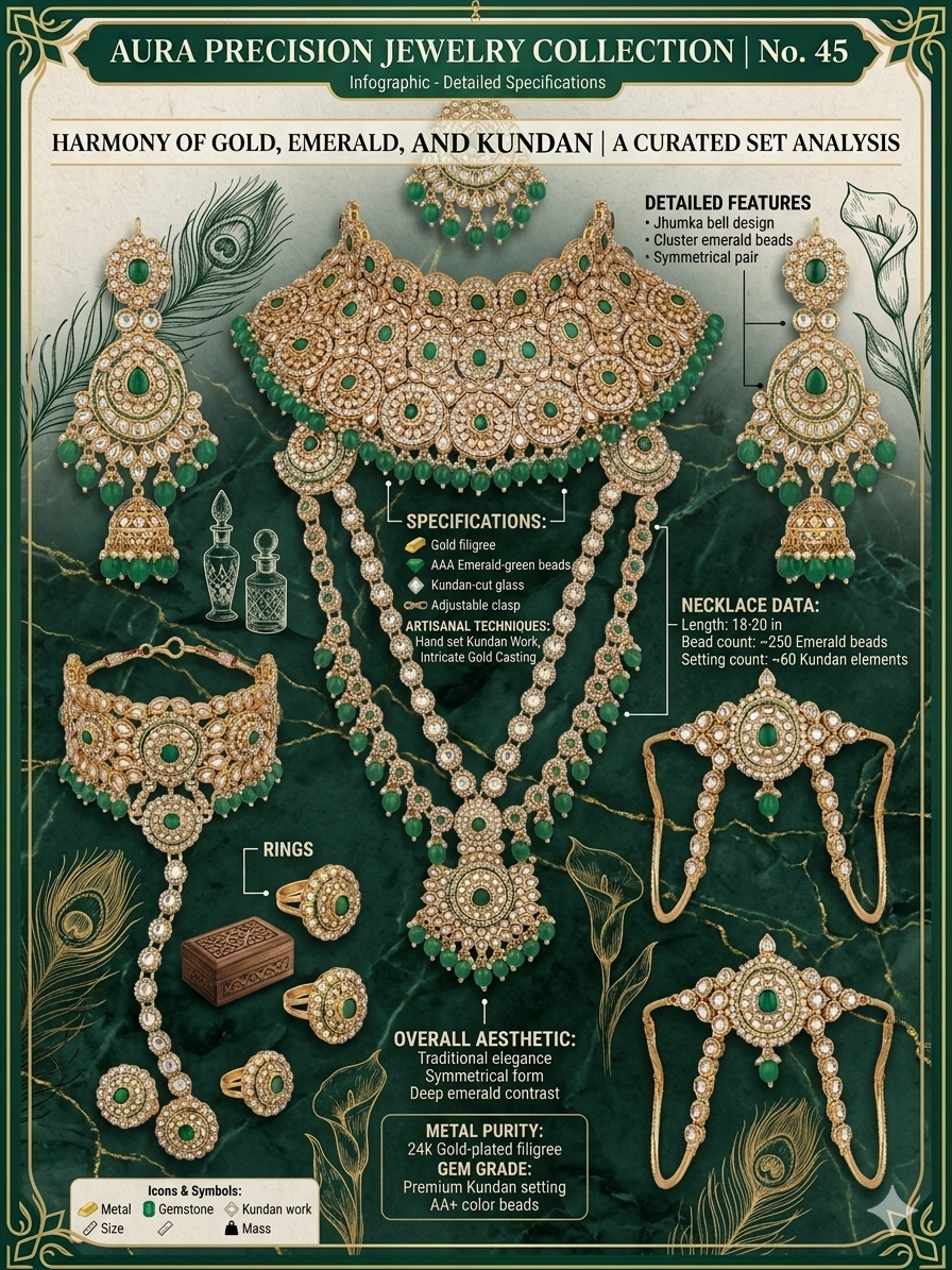 Aura Precision Kundan Jewelry Set for Women, Gold Plated Emerald Bead Bridal Necklace Set with Jhumka Earrings, Ring, Bracelet & Traditional Wedding Accessories