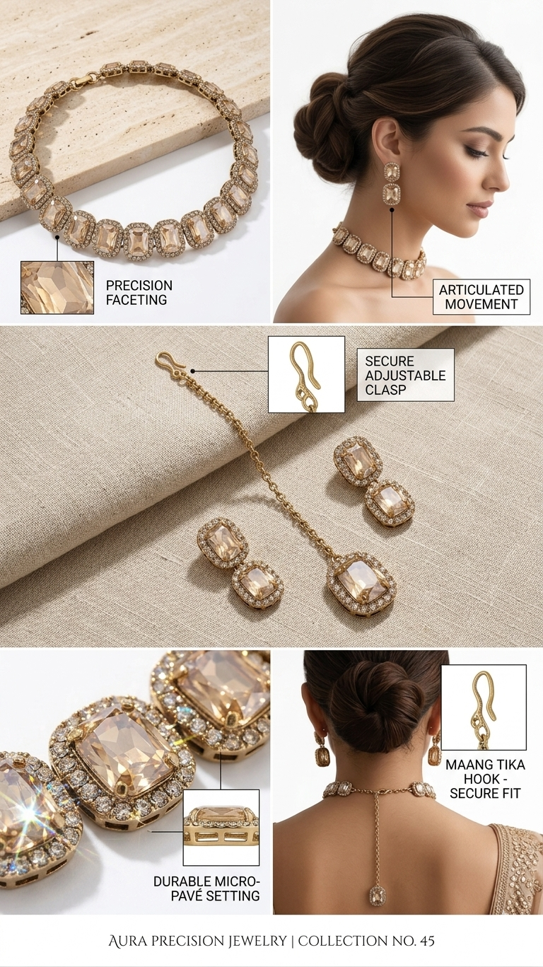 Aura Precision Champagne Crystal Bridal Jewelry Set for Women, Antique Gold Plated Necklace with Matching Earrings & Maang Tikka, Luxury Wedding & Party Wear Jewelry