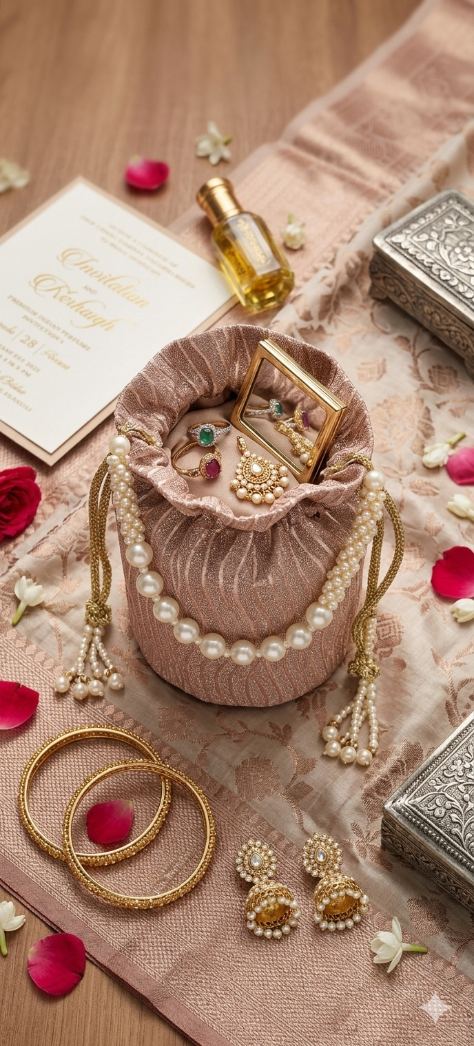 महिलाओं के लिए हरमल स्टोर डिजाइनर पोटली पर्स - रोज़ गोल्ड टेक्सचर्ड फैब्रिक एथनिक इवनिंग बैग जिसमें सजावटी मोती का तार, ब्रेडिड गोल्डन कॉर्ड और झुमका टैसल, पारंपरिक वेडिंग फेस्टिव पाउच वॉलेट शामिल है