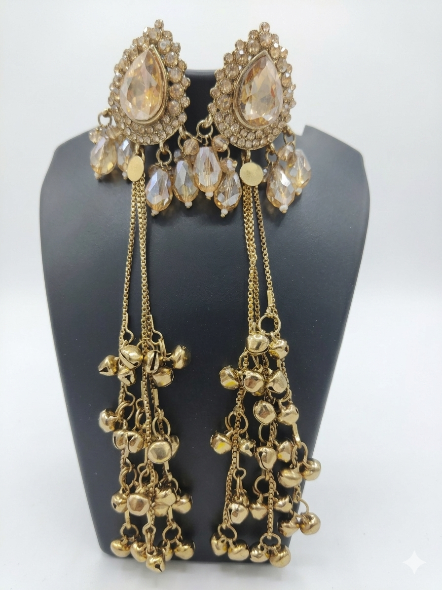 Statement Drop Earrings for Women – Long Gold-Tone Chandbali Style Earrings with Crystal Stones & Ghungroo Tassels for Wedding, Party & Festive Wear