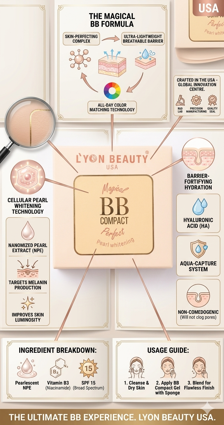Lyon Beauty USA Magic BB Compact Perfect Pearl Whitening | SPF 15 BB Compact Powder with Niacinamide & Hyaluronic Acid | Lightweight Full Coverage Makeup Compact for Flawless Skin Finish