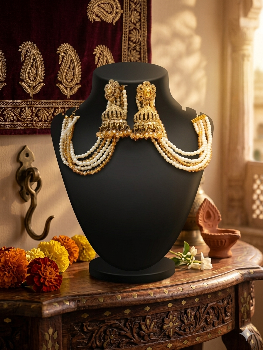 Royal Jhumka Kan Chain Earrings for Women | Gold Plated Pearl Sahare Jhumki Earrings | Traditional Bridal Ethnic Jewelry Set