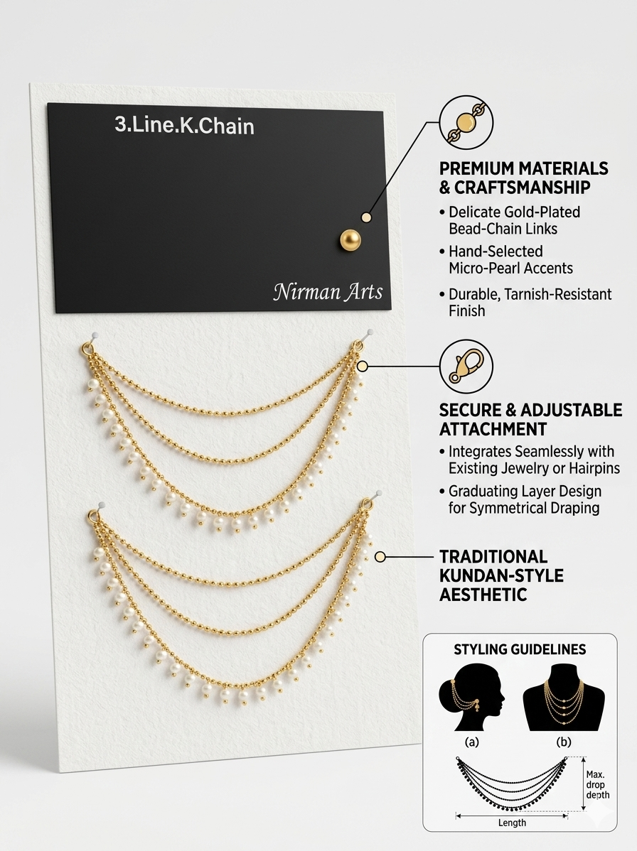 3 Line Kan Chain for Jhumka Earrings | Gold Plated Pearl Ear Chain Accessory for Women | Traditional Kundan Style Sahare Jewelry
