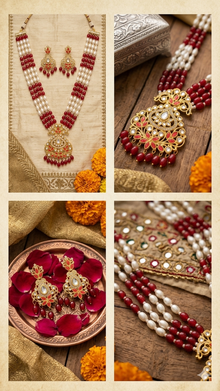 Premium Kundan Jewelry Set for Women | Red Pearl Layered Necklace Set with Matching Earrings | Traditional Bridal Wedding Ethnic Jewelry