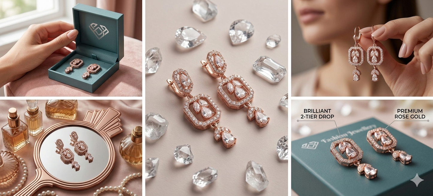 Rose Gold CZ Drop Earrings for Women | 5A Cubic Zirconia Dangle Earrings with Micro Pave Design | Elegant Party & Wedding Jewelry