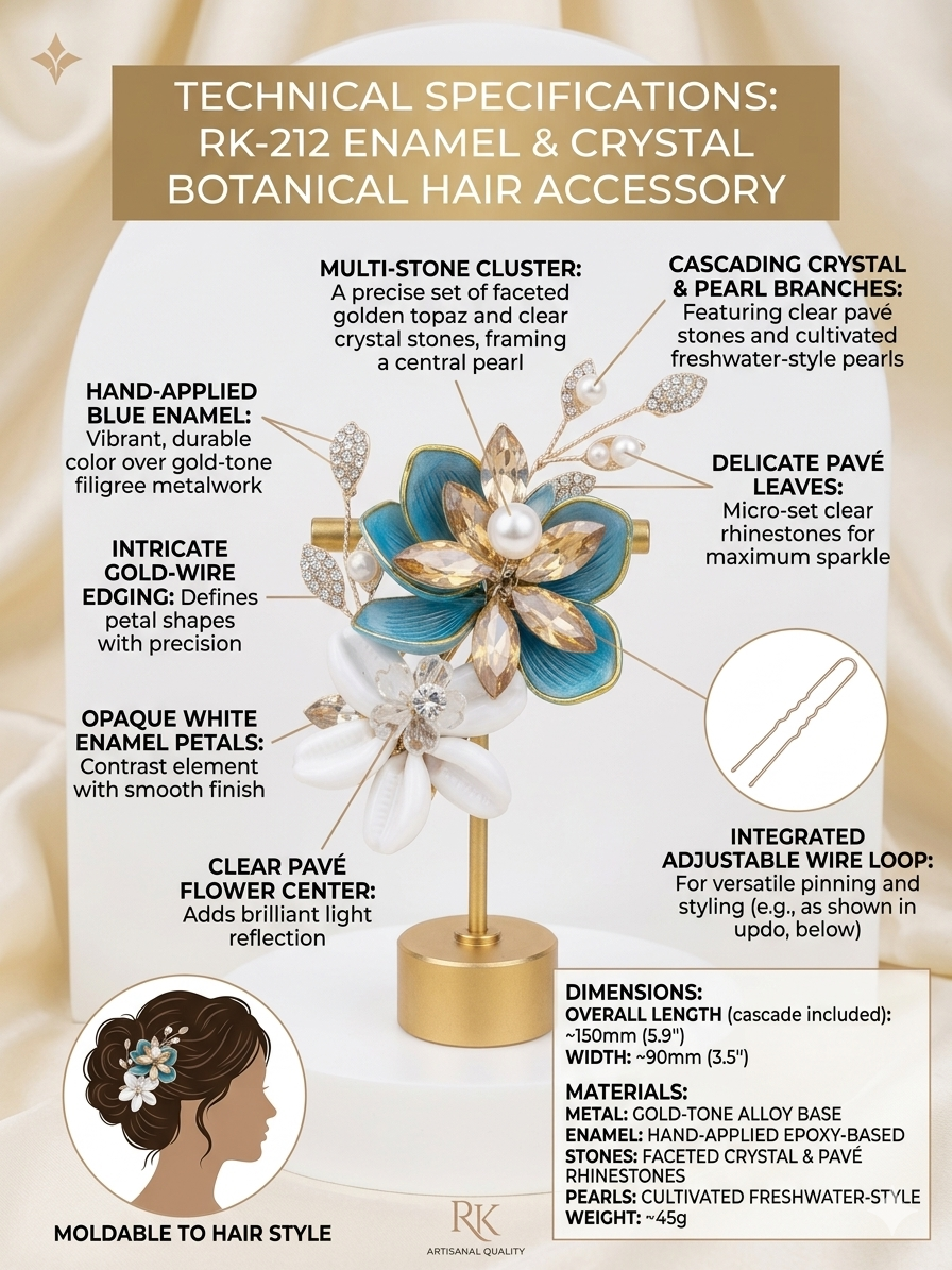 RK-212 Floral Hair Accessory for Women | Enamel Crystal Pearl Hair Pin Clip | Bridal Wedding Floral Hair Jewelry for Bun & Party Hairstyles