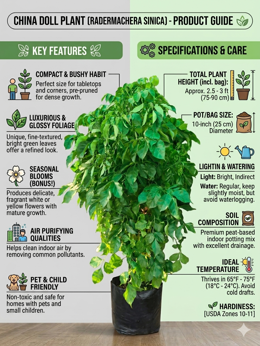 China Doll Plant Live (Radermachera sinica) – Evergreen Indoor Air Purifying Houseplant, Glossy Foliage Plant for Home, Office & Living Room Décor