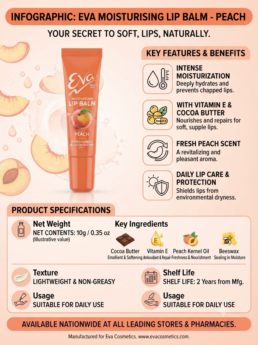 Eva Moisturising Lip Balm Peach | Vitamin E, Cocoa Butter & Peach Kernel Oil | Hydrating Lip Care | Softens Dry & Chapped Lips | Lightweight Non-Greasy Formula | 10g