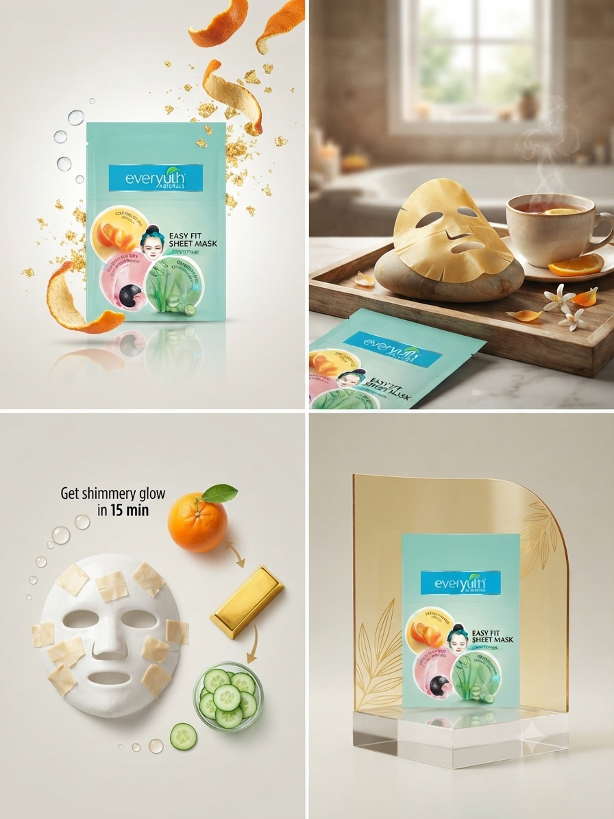 Everyuth Naturals Easy Fit Sheet Mask Assorted Pack | Golden Glow 24K Gold, Anti-Pollution Pink Clay & Charcoal, Rejuvenating Cucumber & Aloe Vera