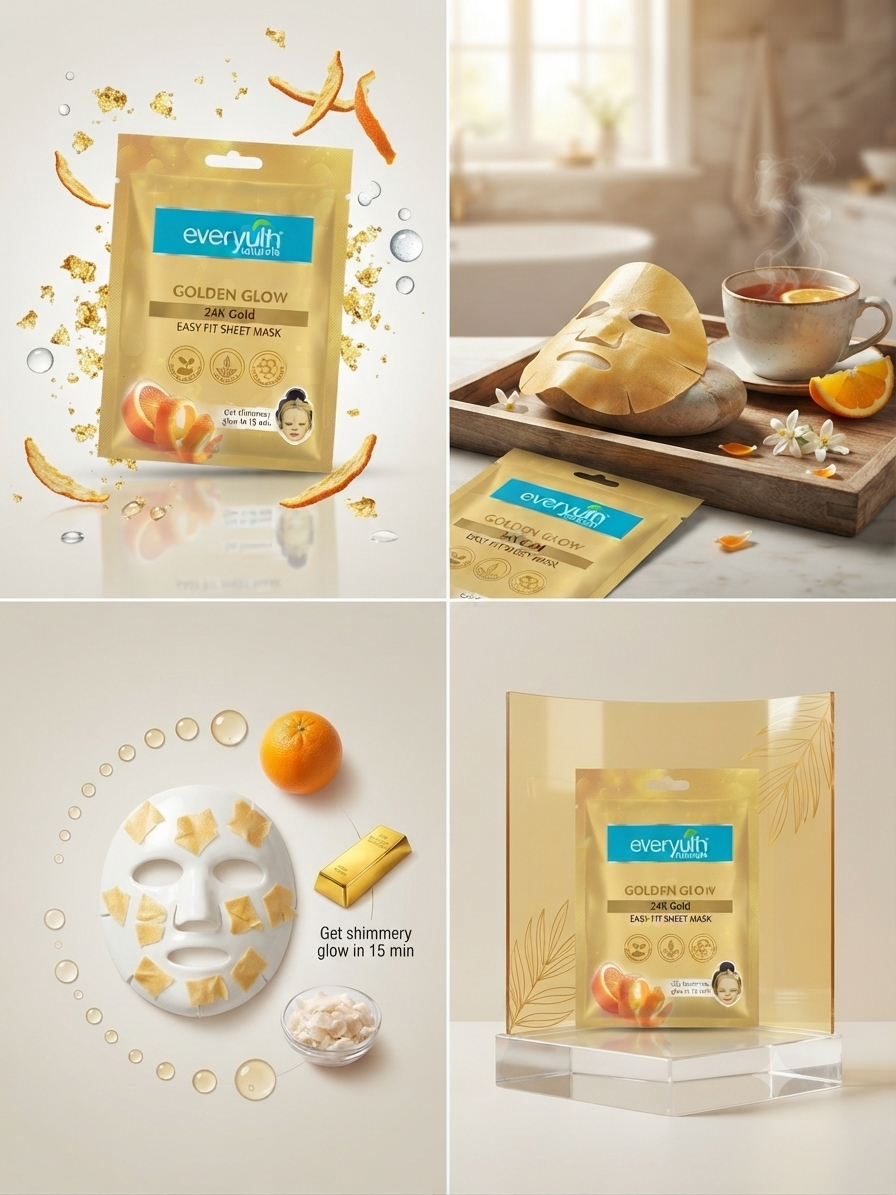 Everyuth Naturals Golden Glow 24K Gold Easy Fit Sheet Mask | Orange Peel Extract & Gold Collagen Boosters | Hydrating Face Mask for Instant Glow | Paraben-Free | Single Use