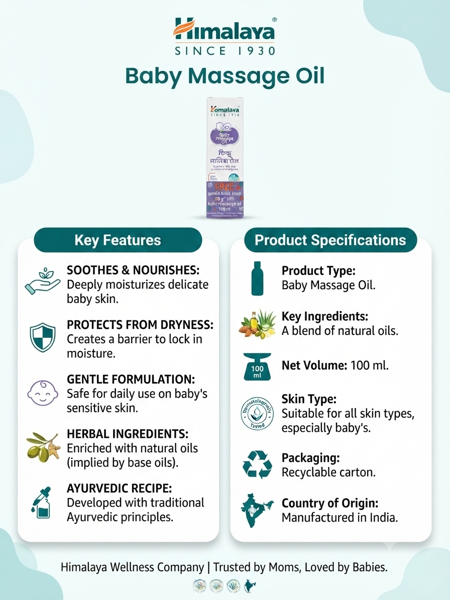 Himalaya Baby Massage Oil 100ml | Natural Herbal Baby Body Oil | Nourishes & Moisturizes Delicate Skin | Ayurvedic Baby Massage Oil | Daily Baby Skin Care
