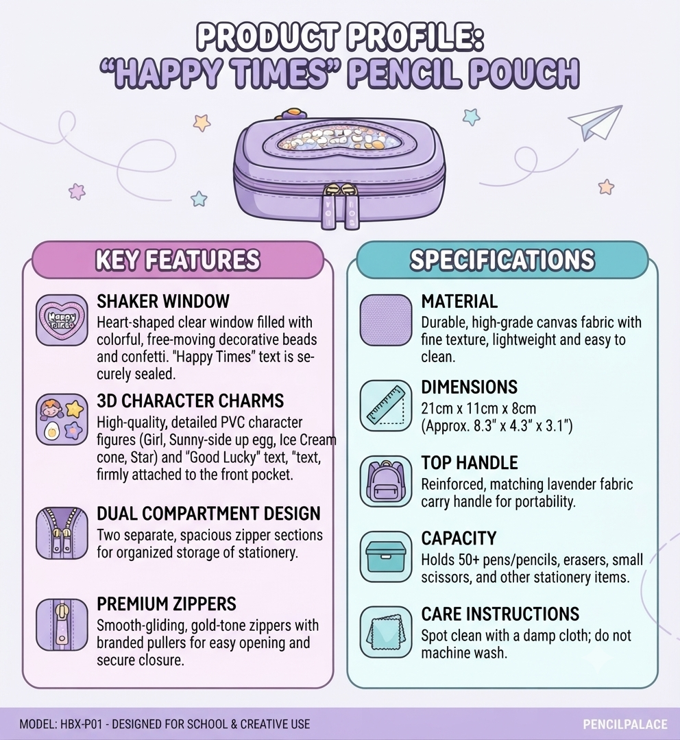 Happy Times Pencil Pouch for Girls & Kids | Large Capacity Double Compartment Pencil Case | Cute Lavender Stationery Organizer with Zipper & Carry Handle | School, Art & Stationery Supplies