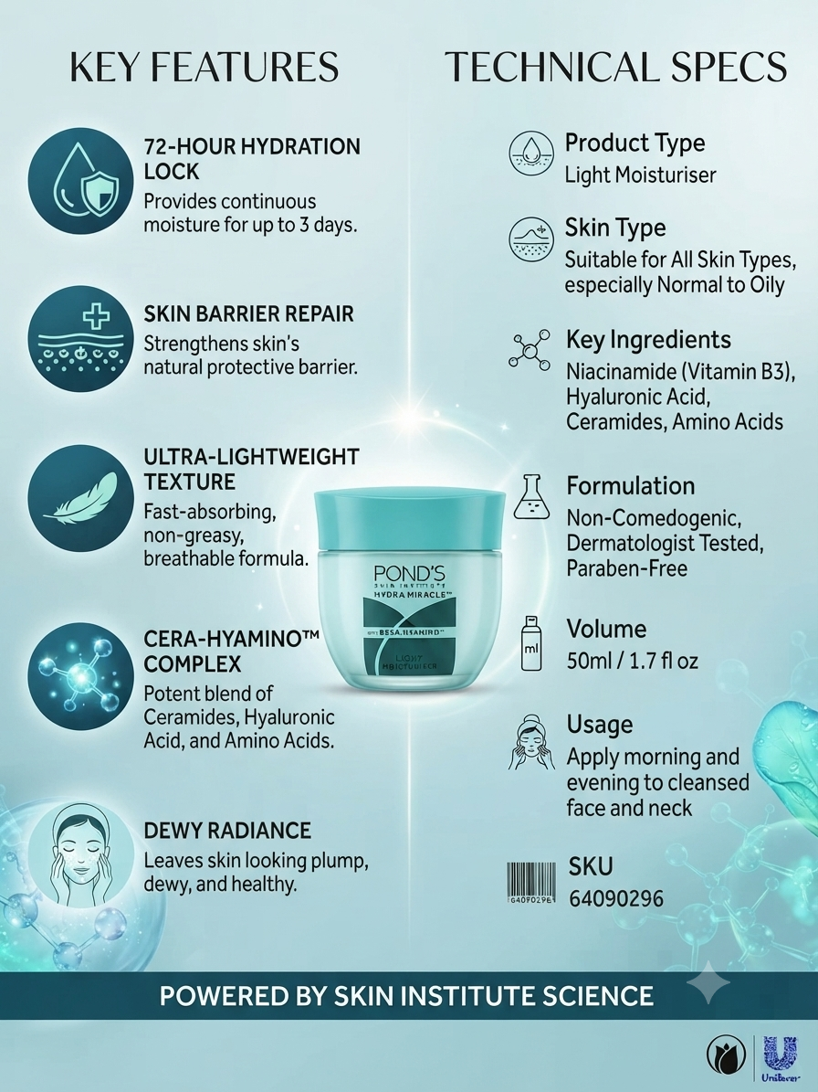 Pond's Skin Institute Hydra Miracle Light Moisturiser 50ml | Lightweight Face Moisturizer with Niacinamide, Hyaluronic Acid & Ceramides | Non-Greasy Hydration