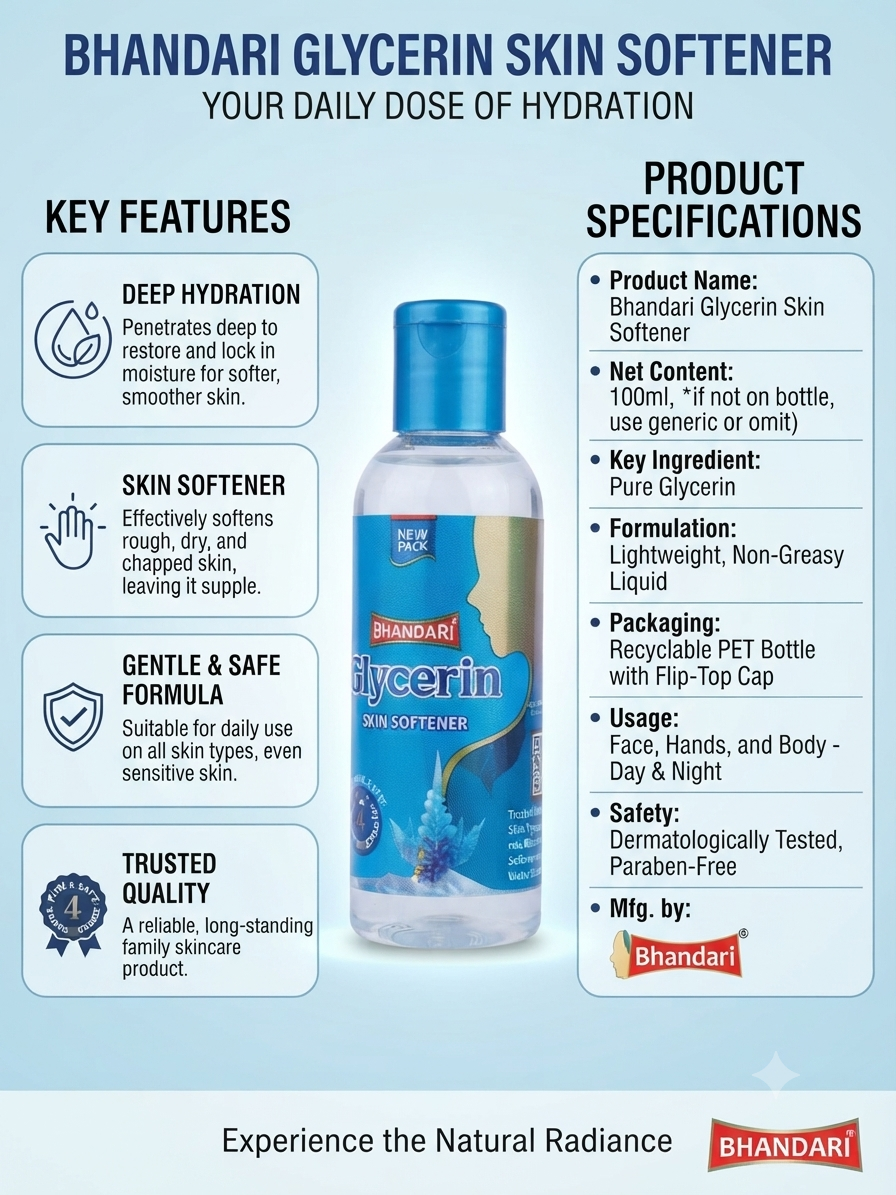 Bhandari Glycerin Skin Softener | Pure Glycerin for Skin | Moisturizer for Dry & Rough Skin | Lightweight Non-Greasy Formula | For Face, Hands & Body