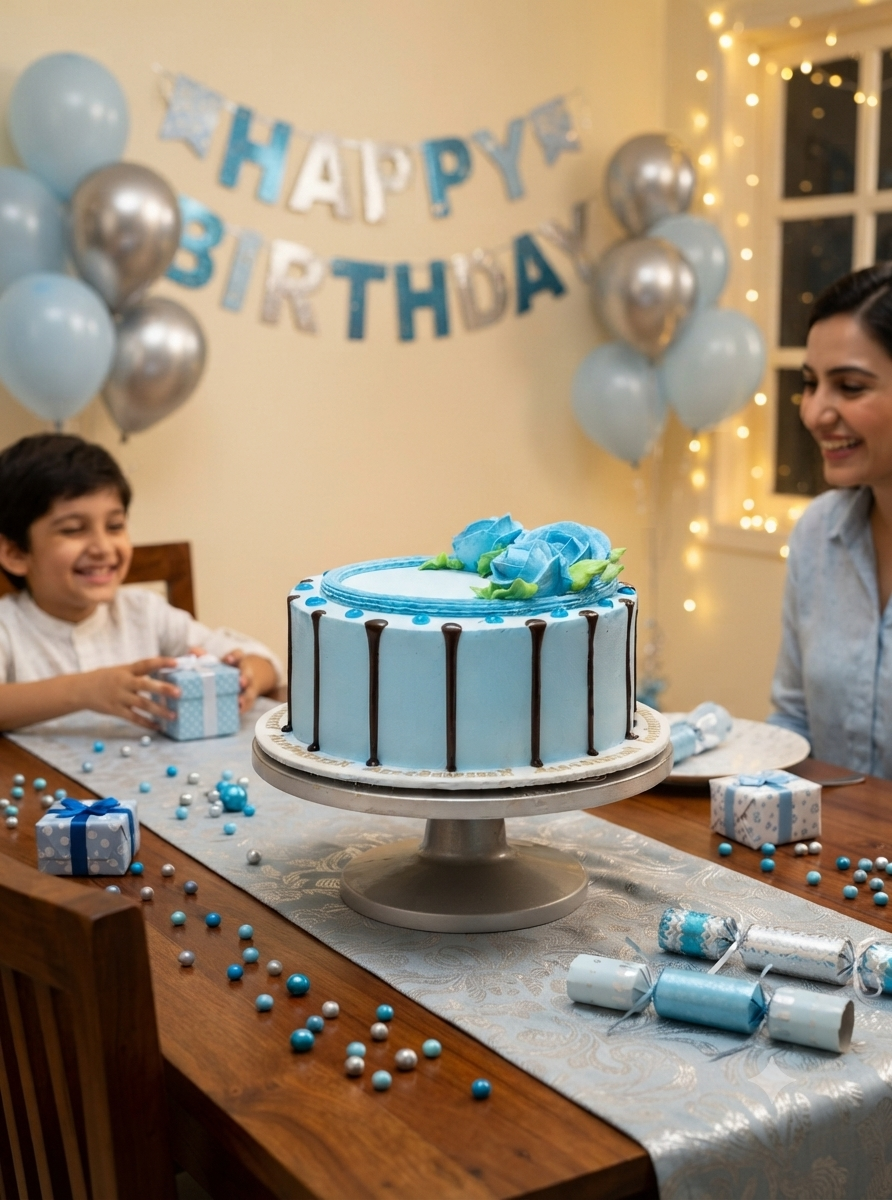 Premium Blue Rose Birthday Cake 1 Kg | Designer Buttercream Celebration Cake | Chocolate Drip Cake | Custom Round Cake for Birthday & Anniversary | Personalized Cake