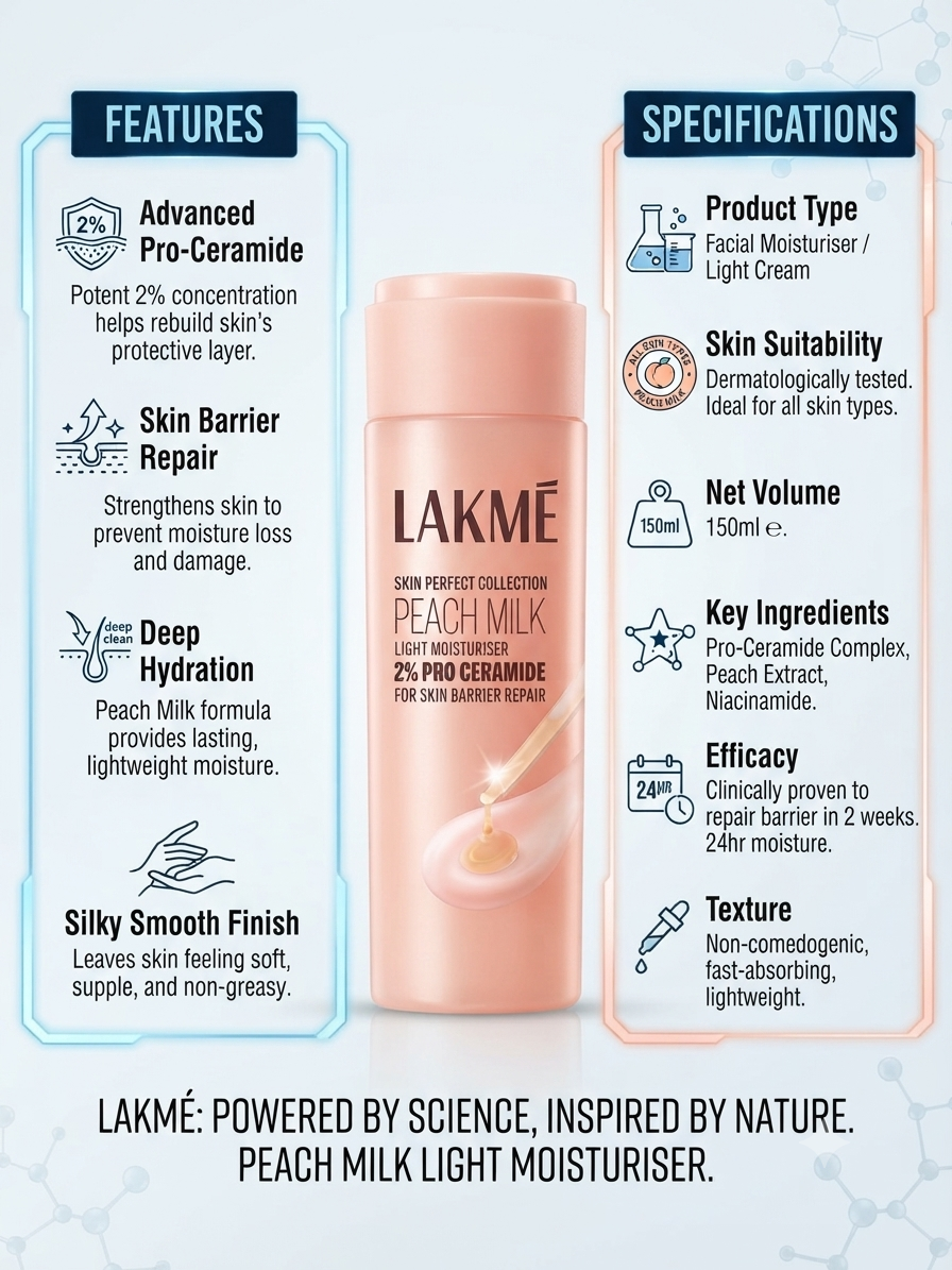 Lakmé Peach Milk Light Moisturiser with 2% Pro-Ceramide, Lightweight Face Moisturizer for All Skin Types, Deep Hydration, Skin Barrier Care, Fast Absorbing, Non-Comedogenic, 150ml