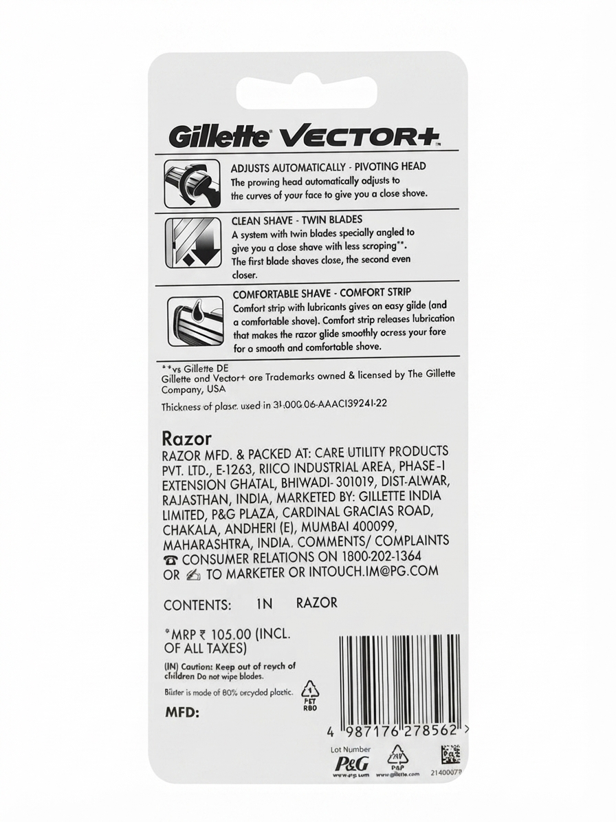 Gillette Vector+ Razor for Men, Refillable Razor System with Pivoting Head, Twin Blades & Lubrication Comfort Strip, 1 Handle + 1 Cartridge