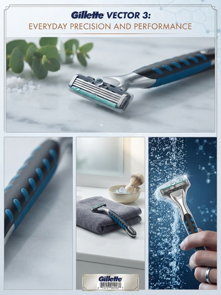 Gillette Vector 3 Razor for Men, Refillable Razor System with 3 Self-Adjusting Precision Blades, Lubrication Strip & Ergonomic Non-Slip Handle, 1 Handle + 1 Cartridge