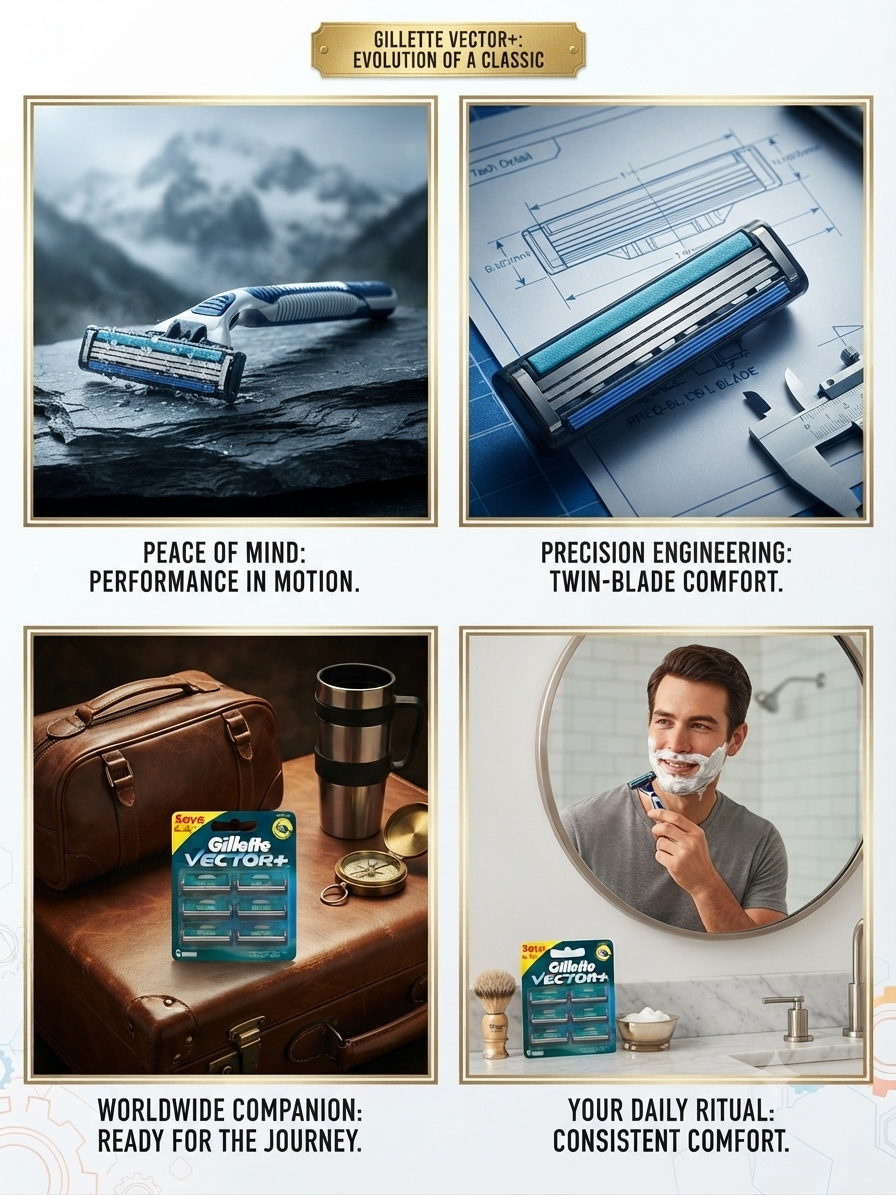 Gillette Vector+ Razor Refill Cartridges for Men, 6 Twin-Blade Replacement Cartridges with Adaptive Pivot Head & Lubrastrip, Compatible with Vector+ Handle