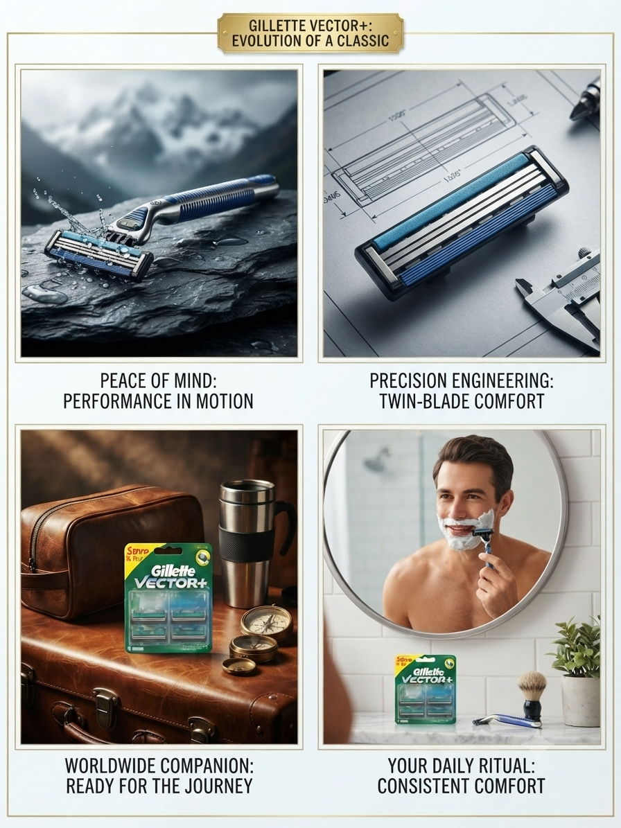 Gillette Vector+ Razor Refill Cartridges for Men, 4 Twin-Blade Replacement Cartridges with Adaptive Pivot Head & Lubrastrip, Compatible with Vector+ Handle
