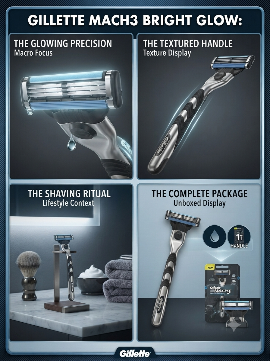 Gillette Mach3 Bright Glow Razor for Men, 3-Blade Shaving System with Charcoal Lubrastrip, Pivoting Head & Ergonomic Handle, 1 Handle + 1 Cartridge