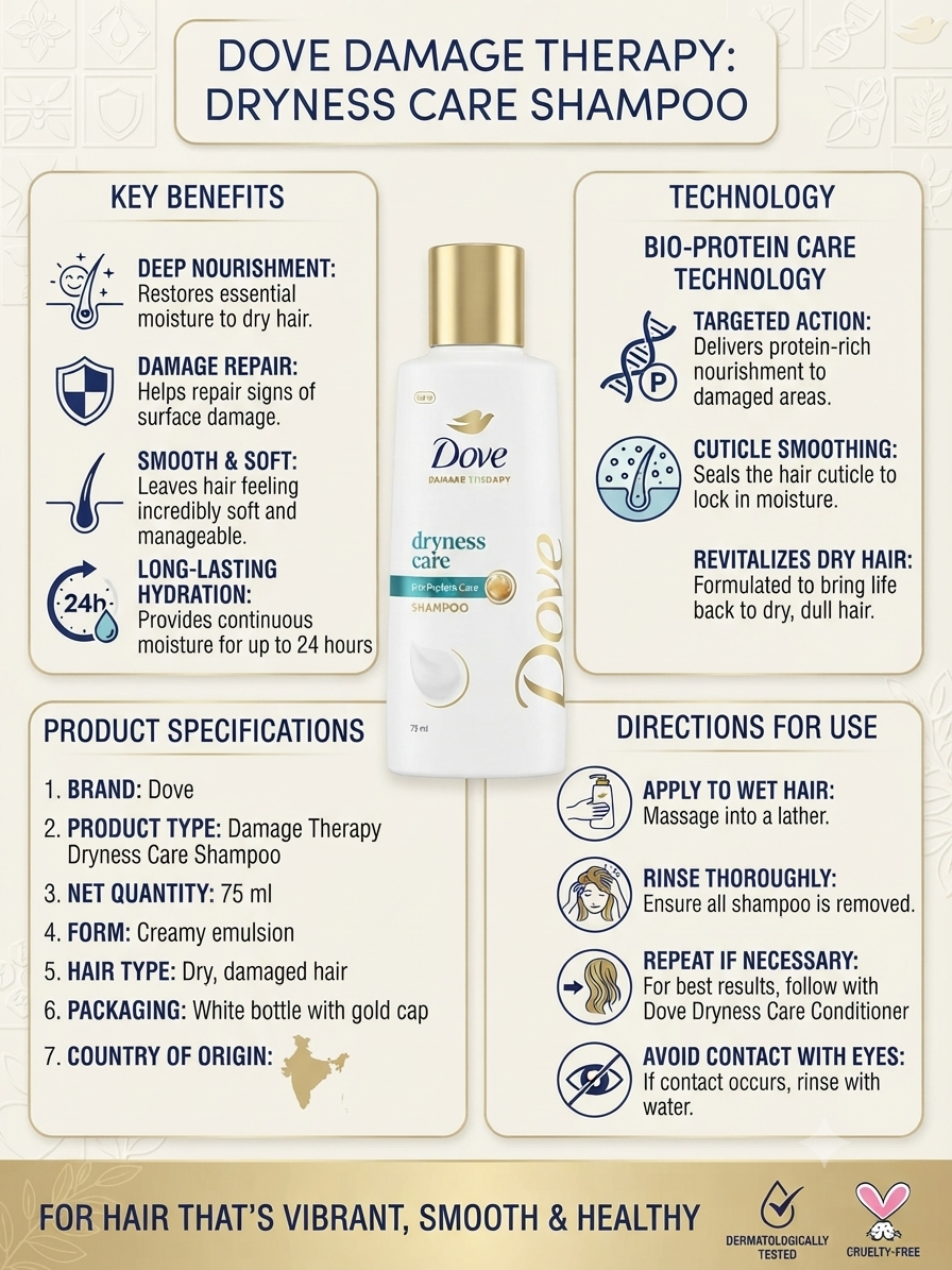 Dove Damage Therapy Dryness Care Shampoo, Bio-Protein Care, Moisturizing Shampoo for Dry & Damaged Hair, Helps Smooth & Nourish Hair, 75 ml