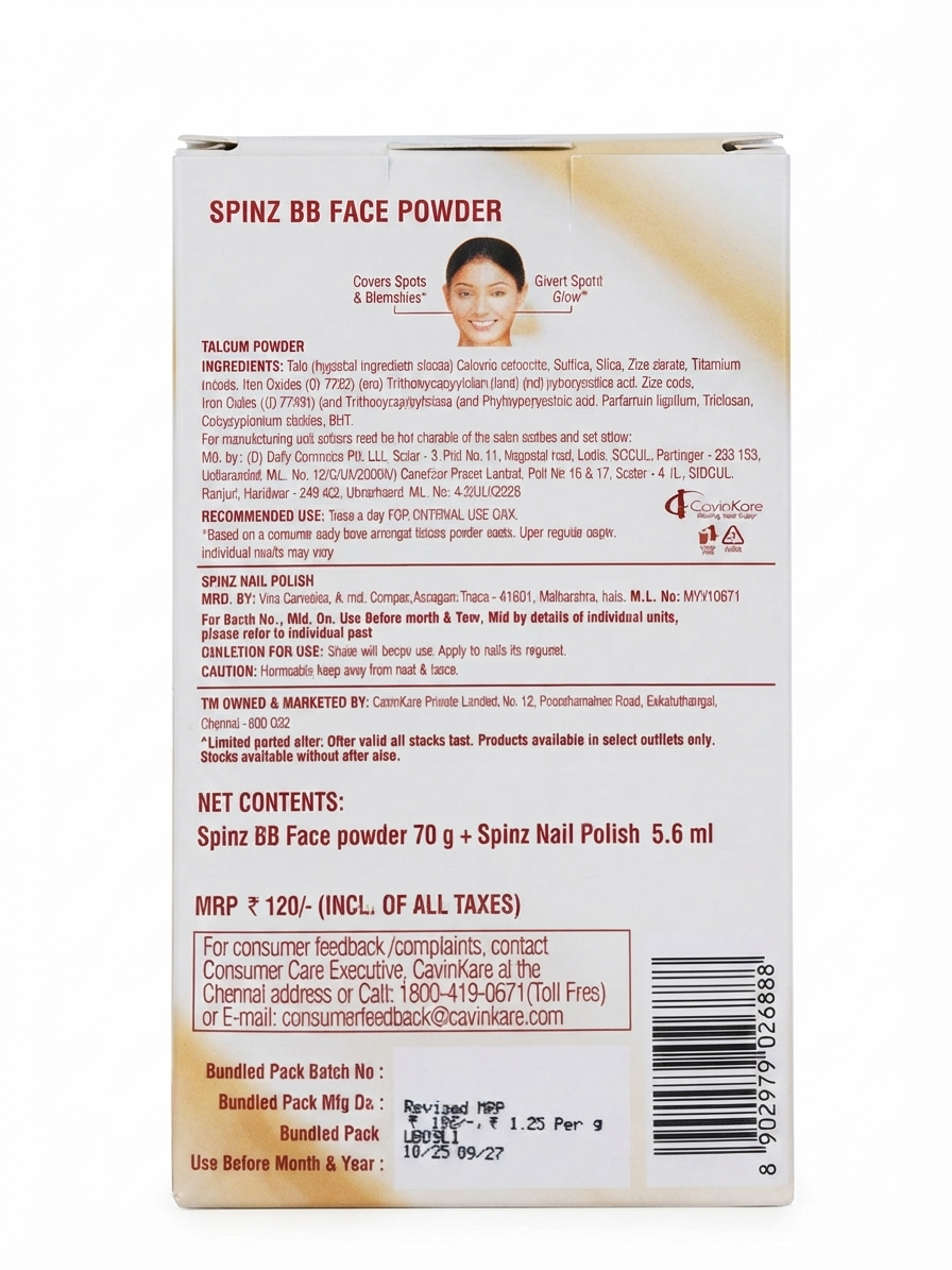 SPINZ BB Face Powder Instant Glow, Natural Beige Face Powder with Matte Finish, Oil Control & Blemish Coverage, Lightweight Vitamin Enriched Formula, Free Spinz Nail Polish 6ml