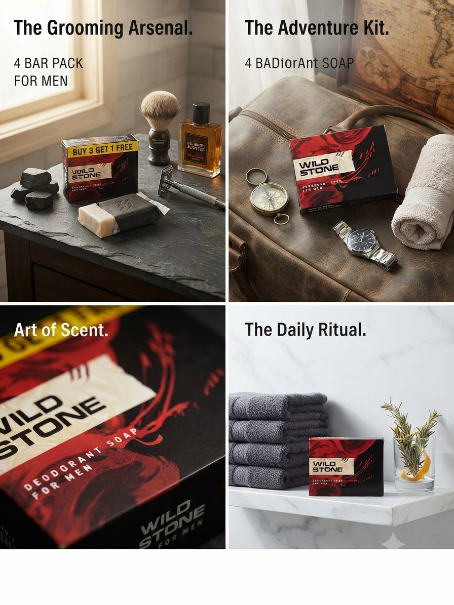 Wild Stone Deodorant Soap Bar for Men, Signature Masculine Fragrance, Deep Cleansing & Odour Protection, Woody Spicy Scent, 4 Bar Pack