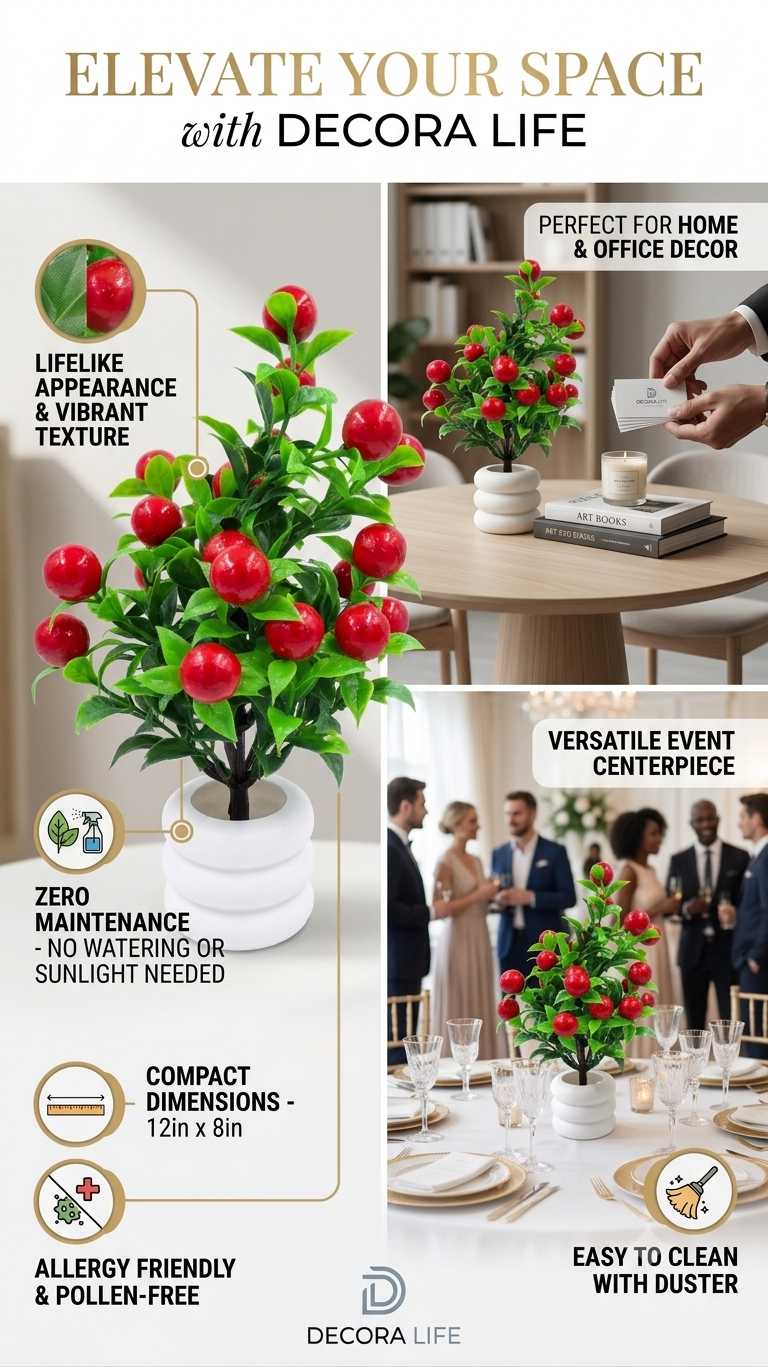 Artificial Red Berry Plant with Green Leaves & White Ceramic Pot, Realistic Decorative Berry Plant for Home Decor, Living Room, Bedroom, Office, Tabletop & Shelf Decoration
