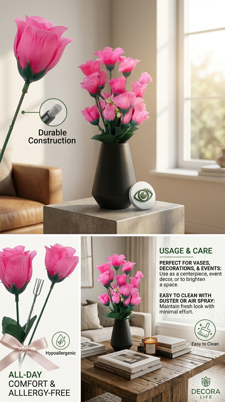 Artificial Pink Rose Bouquet 14 Heads, Realistic Faux Rose Flowers with Green Leaves & Flexible Stems, Decorative Flower Bunch for Home, Living Room, Bedroom, Office, Vase, Wedding & Event Decor