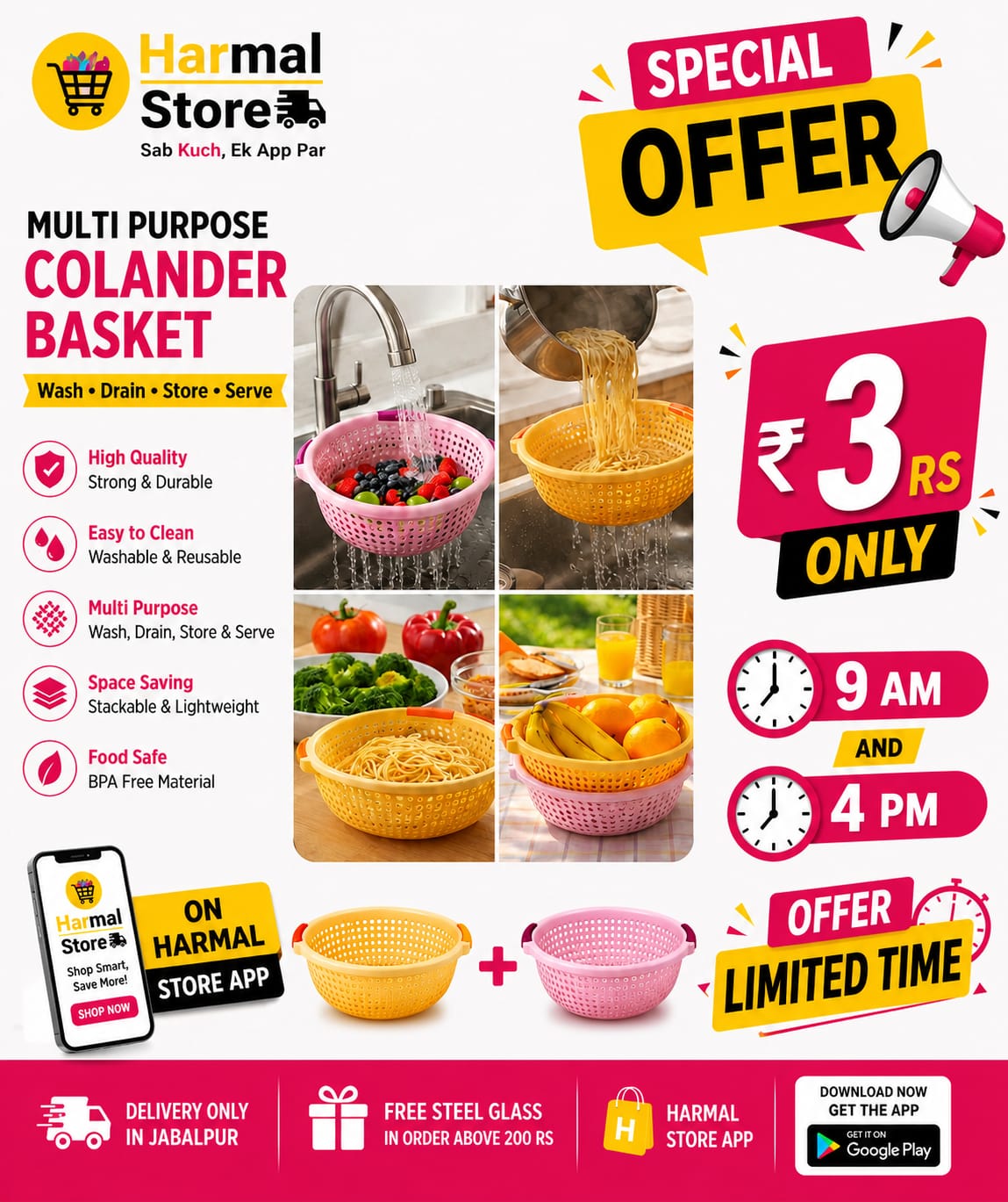 Multipurpose Plastic Colander Basket Set | BPA Free Fruit & Vegetable Washing Basket | Kitchen Strainer for Rice, Pasta, Noodles & Fruits | Drain, Wash, Store & Serve | Lightweight Colander