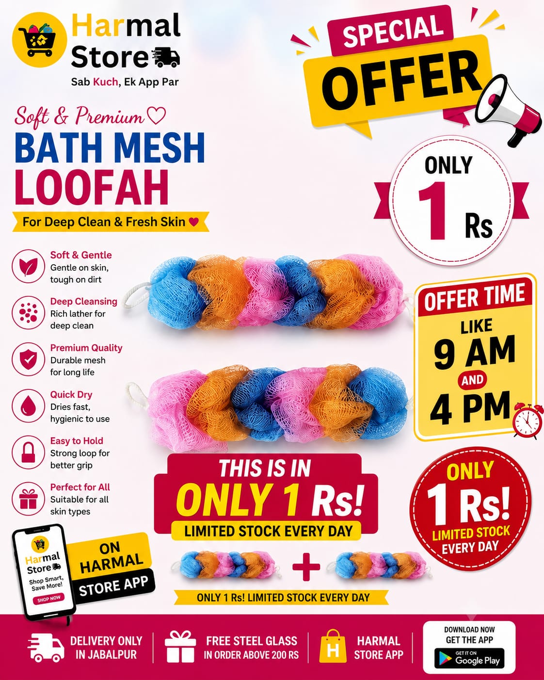 Soft Mesh Bath Loofah Back Scrubber for Shower | Long Braided Exfoliating Body Sponge Pouf with Hanging Loop | Deep Cleansing Lathering Body Washer for Men & Women (Multicolor)