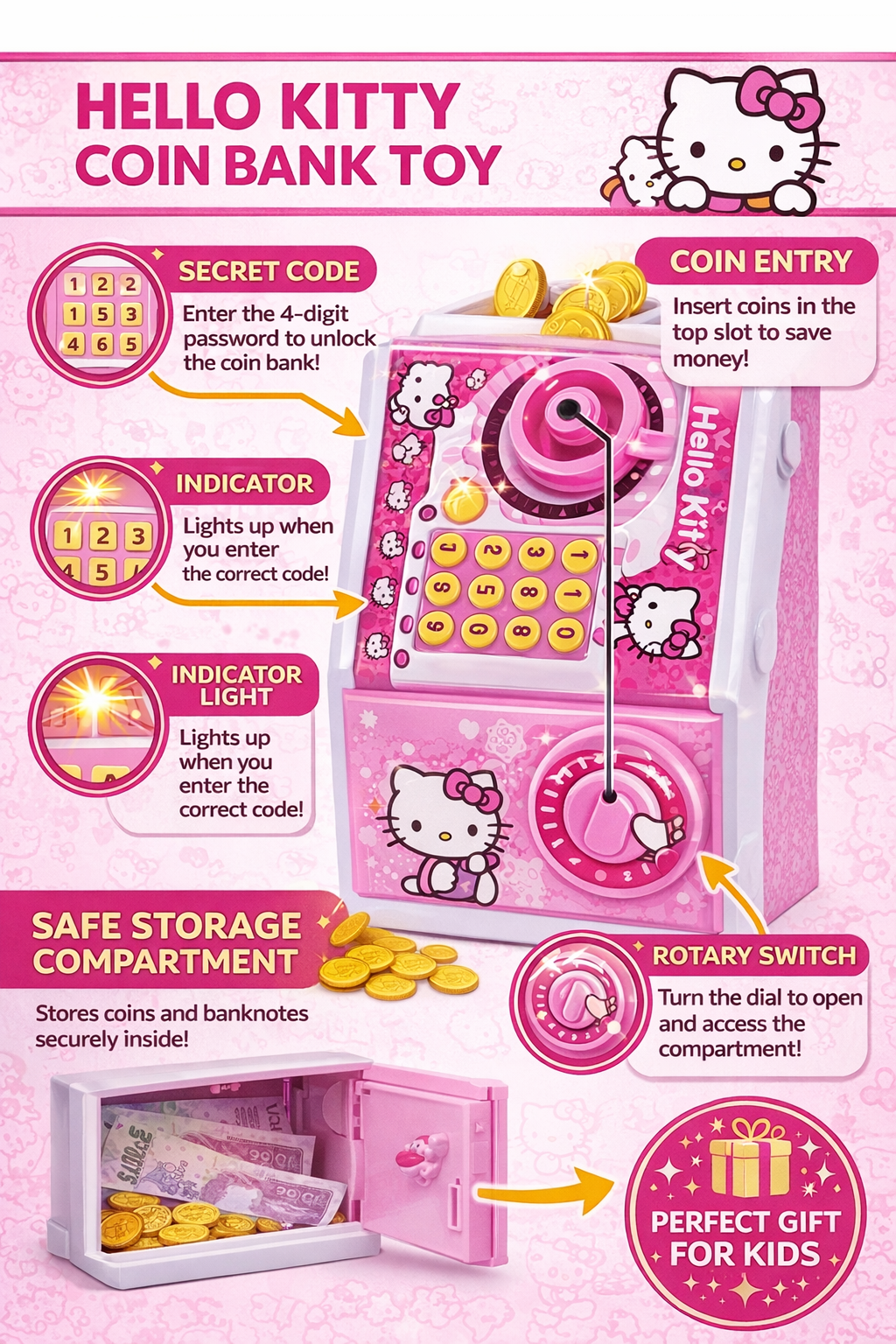 Hello Kitty Coin Bank Toy for Kids with Password Lock & Sound, Electronic Piggy Bank with Coin Slot & Safe Storage