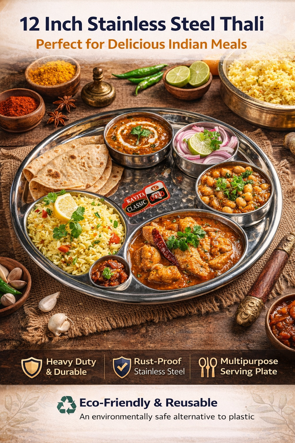 12 Inch Stainless Steel Thali Plate | Large Indian Dinner Plate | Food-Grade, Heavy Duty & Rust-Proof Steel Serving Plate