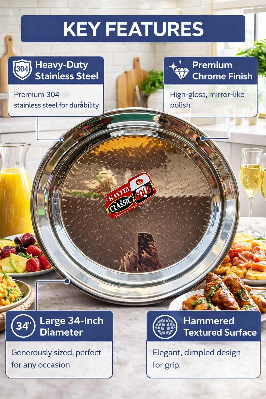 Kavita Classic Gold 34 Inch Stainless Steel Serving Tray | Heavy Duty Round Steel Plate
